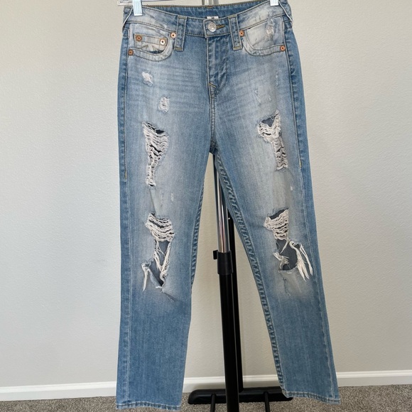 True Religion Denim - True Religion Medium Blue Ripped Straight Leg Jeans